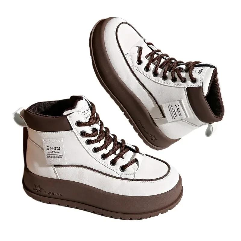 2024 Hot Sale Ladies Shoes Front Lace-up Women's Vulcanize Shoes Color Matching Winter Plus Velvet High Top Flat Shoes