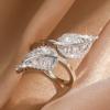 ZAKOL Luxury Leaf Adjustable Opening Rings for Women Copper Color Bridal Wedding Crystal Cubic Zirconia Fashion Zircon