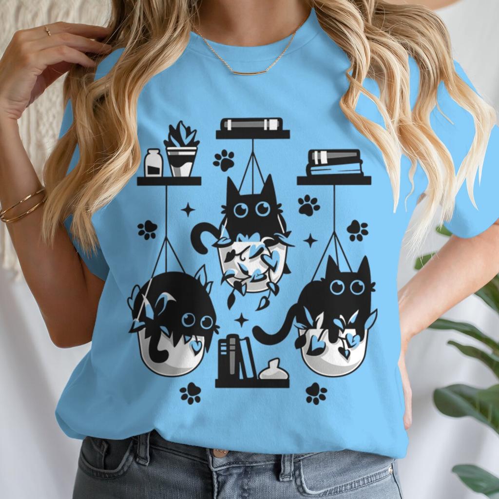 Women T-shirts New Ladies Casual Female Clothes Tops Black Cat Books Print Ladies Tees Tshirt Cartoon Graphic T-Shirt Clothing