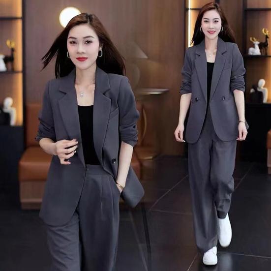 2 Pcs/Set Lady Formal Coat Pants Set Long Sleeves Double Buttons Cardigan