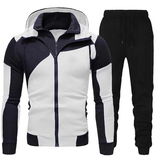Men Autumn Winter Hoodie Pants Suit Fashion Hooded Splicing Zipper Coat with Elastic Waist Drawstring Pants Set