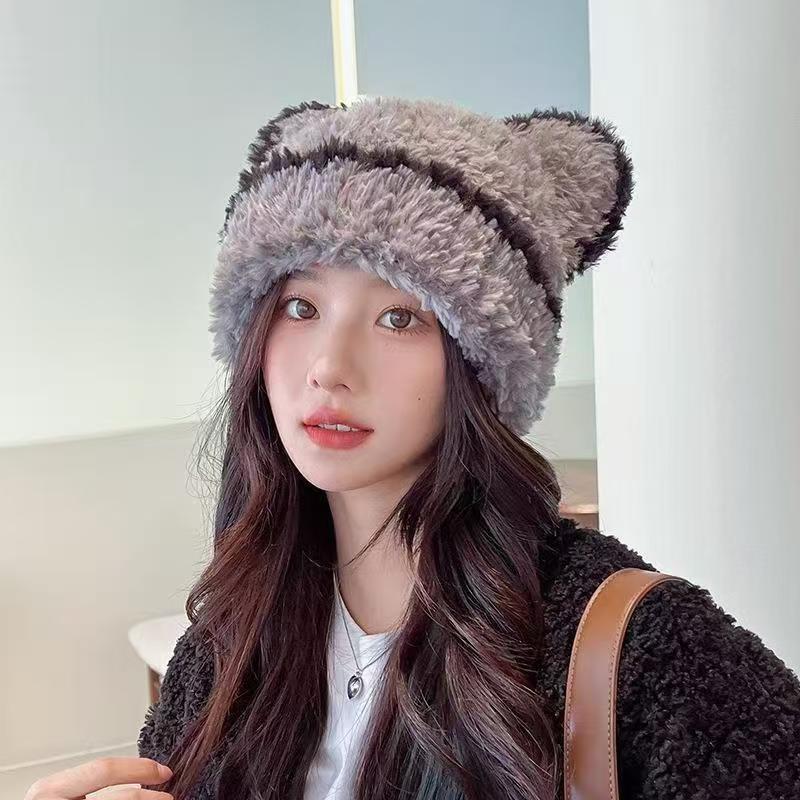 Cute Bear Ears Knitted Hat Children's Autumn and Winter New Soft Waxy Plush Big Head Circumference Warm Bag Head Wool Hat