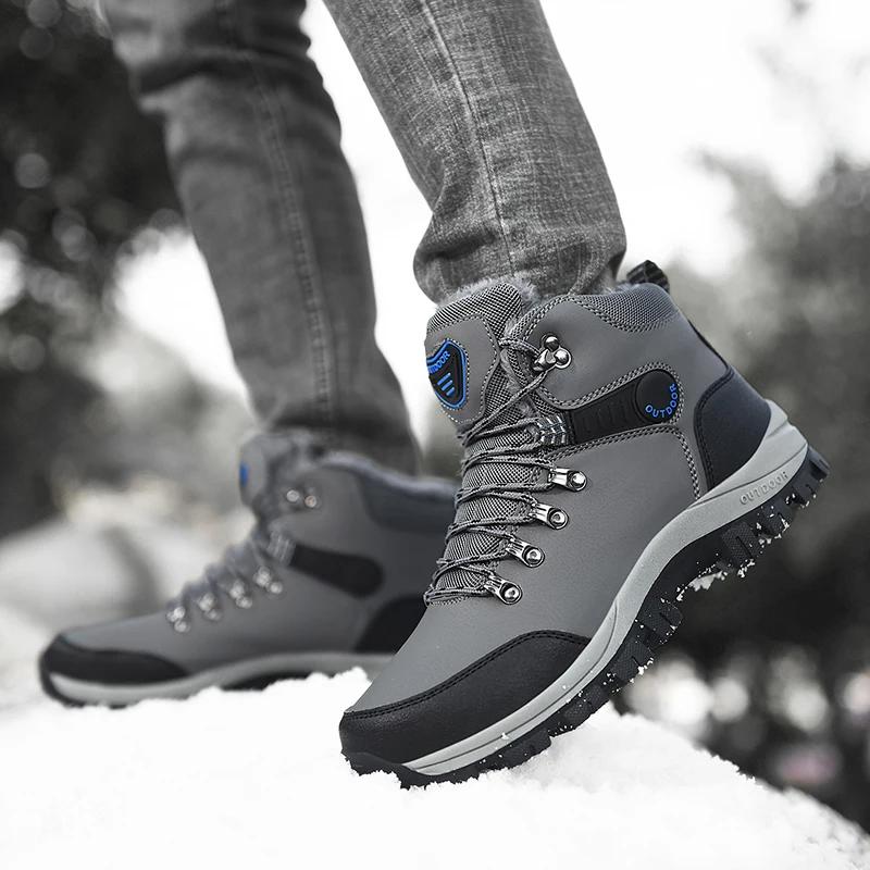 2024 Winter Men Hiking Boots Waterproof Ankle Snow Boots Men Sneakers Outdoor Non-slip High Top Plush Warm Leather Shoes