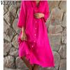 Women's Fashion Summer Spring Solid Color Print 3/4 Sleeves Stand-collar Middle Waistline Casual Dresses