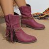 Autumn and Winter New Thick Heel Medium Heel Short Boots Pleated Fringed Women's Stacking Boots