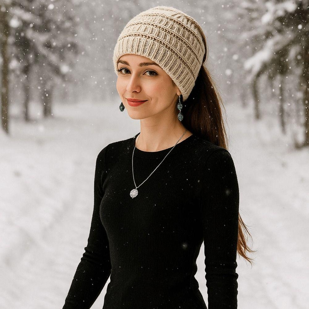 Solid Color Ponytail Beanie Hat Headwear Women's Hat Warm Knitted Hat  Winter