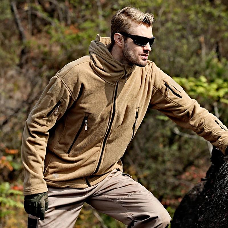 Men's Warm Tactical Fleece Jacket Zip Up Thicken Polar Hoodie Winter Outdoor Sport Hiking Hooded Coat Pocket