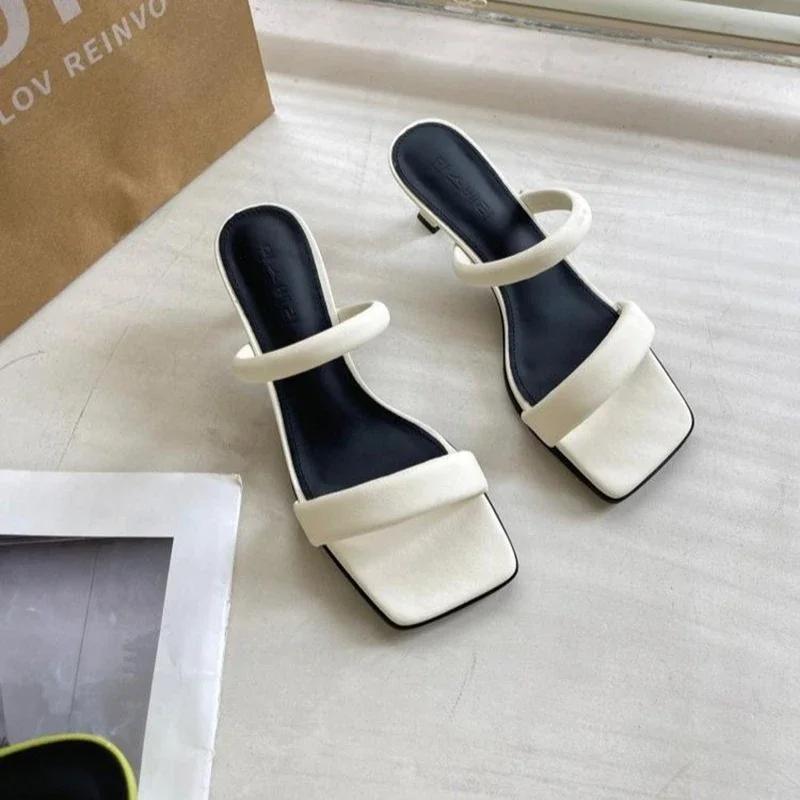 Fashion Open Toe High Heeled Sandals Women's 2024 Summer New Square Head Thick Heel Mid-heel Slippers