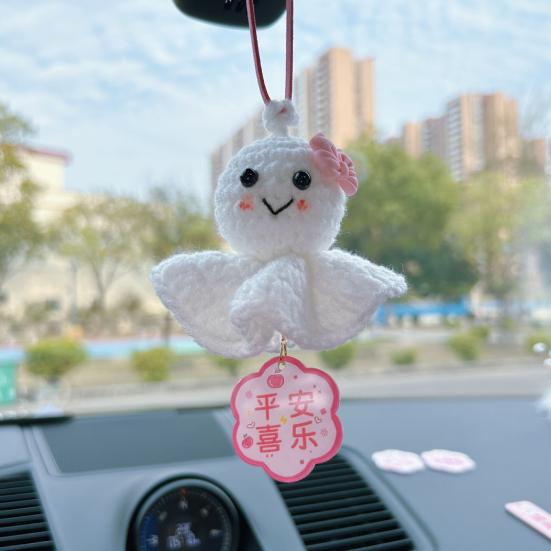 Crochet Sunny Doll Car Charm Handmade Knitted Car Rear View Mirror Hanging Ornaments for Automotive Interior Accessories