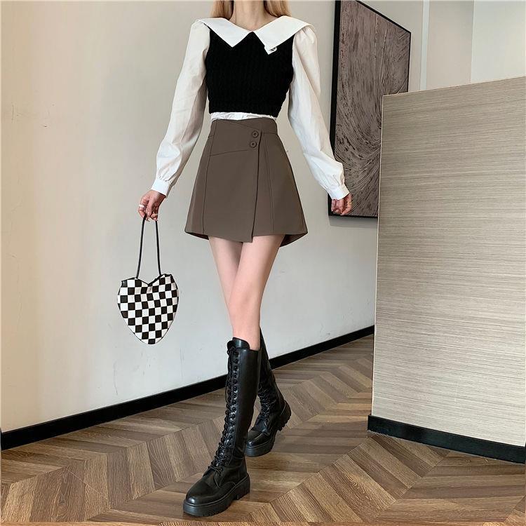 Women's High Waist Wide-Leg Skirt-Pants: 2025 Spring/Summer A-Line Faux Two-Piece Shorts Suit