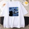 Oil Painting Black Cat Starry Night Unisex T-Shirts Breathable O-Neck Cotton Tee Clothing Creativity Funny Tops Unisex Short Sleeve