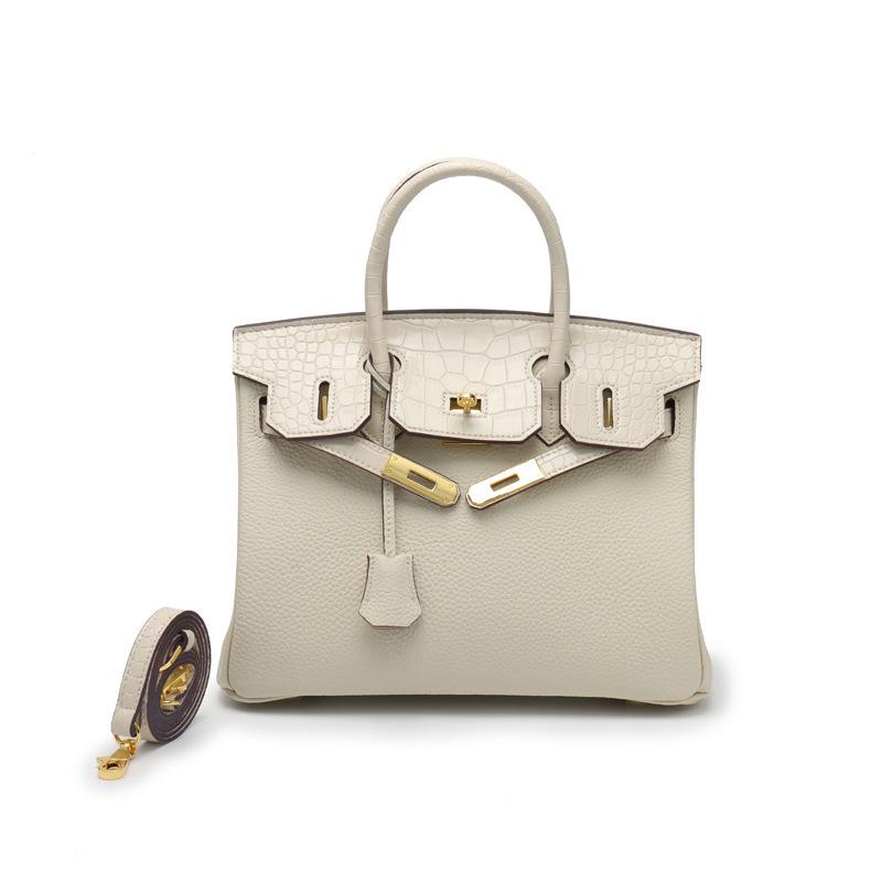 Color Blocked Top Layer Cowhide Platinum Bag Large Capacity Lychee Pattern Women's Handbag Fashionable And Versatile Genuine Leather Women's Bag