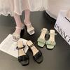 Two Women Wearing Sandals 2025 New Summer Lady Medium Thick Heel with Fairy Wind Wearing High Heel Cool Slippers