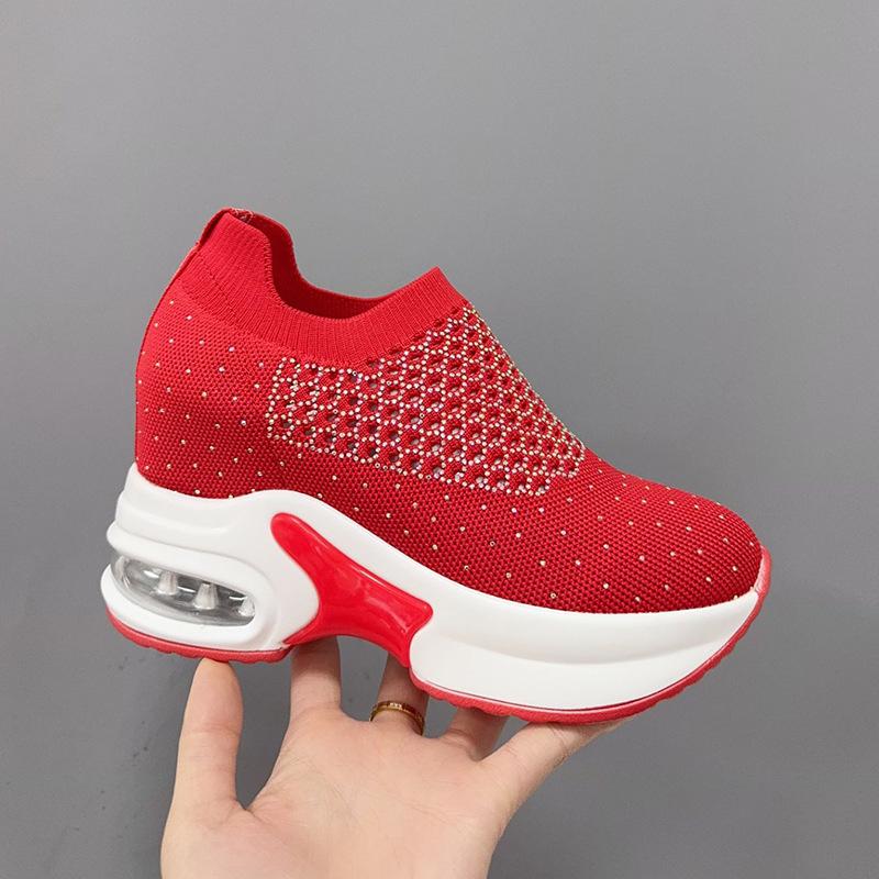 Inner Heightening Platform Women's Shoes 2025 Autumn New Lightweight Breathable Fly-woven Shoes Running Shoes Air Cushion Sports and Leisure Women's
