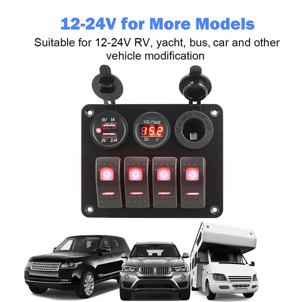 LED Rocker Switch Panel Interior Accessories Digital Voltmeter Aluminum Panel Dual USB Port 4 Gang Waterproof for Car RV Camper Caravans
