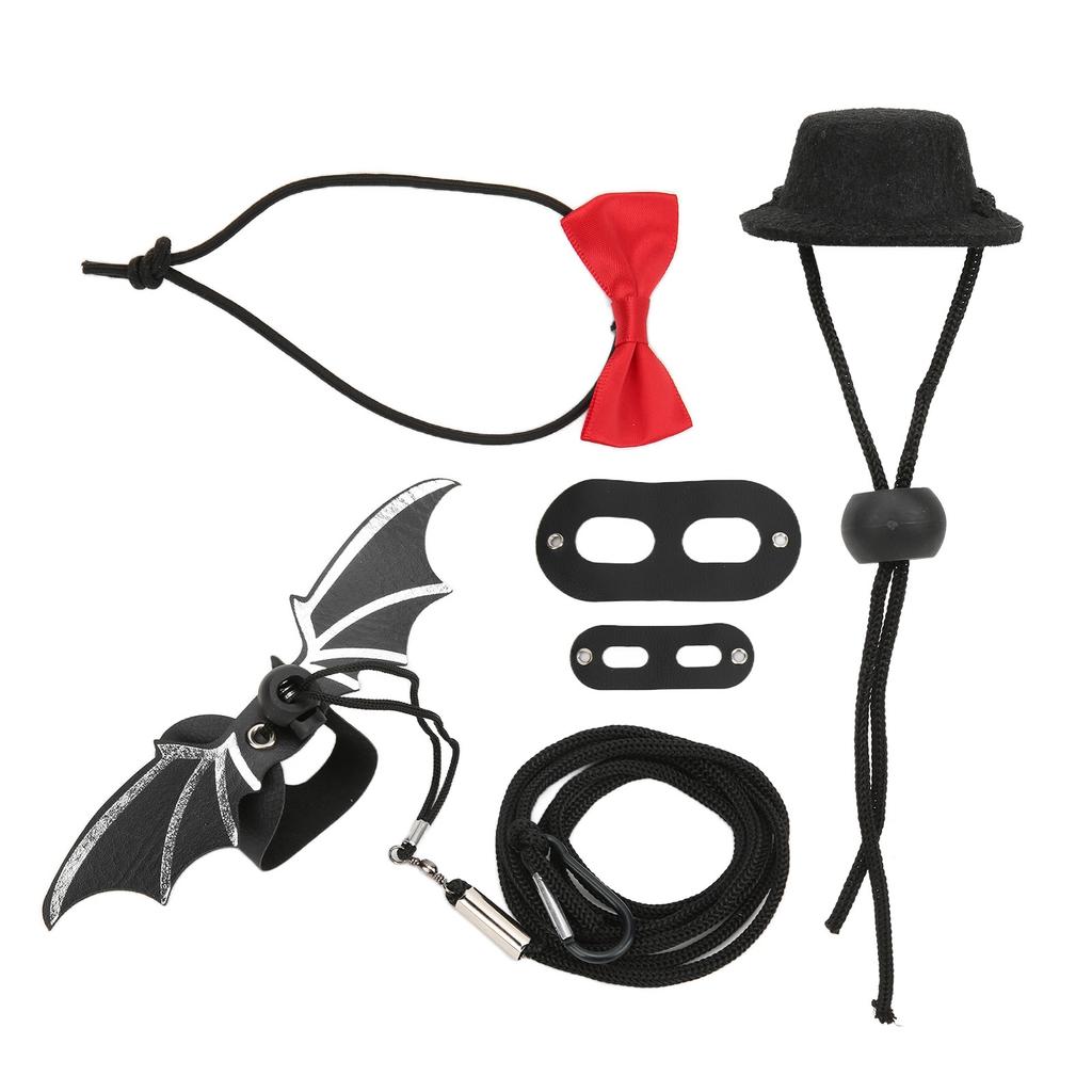 Reptile Harness and Leash Adjustable Lizard Traction Rope Hat Bowtie Set for Small Pet Animals(Black and Red Hat Set