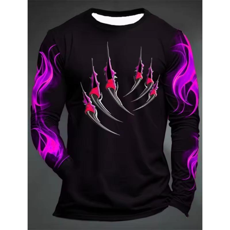 3D Printed Flame Scratch Pattern Autumn Men's Crew Neck T-Shirt Casual Long Sleeve Oversized Pullover Fashion Tops