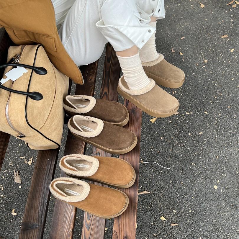 2025 Autumn and Winter Flat-soled Thick-soled Cotton Shoes with Fleece and Thick Warm Single Shoes Can Be Stepped On with Two Heels, and Women Wear 