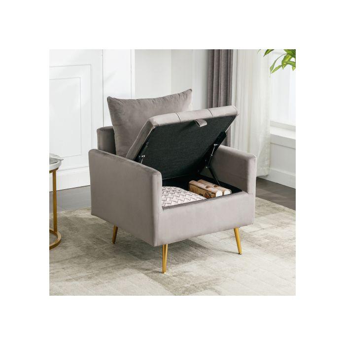 Fauteuil - MUVOE - Moderne - Velours Gris - Espace De Rangement - Coussins Amovibles