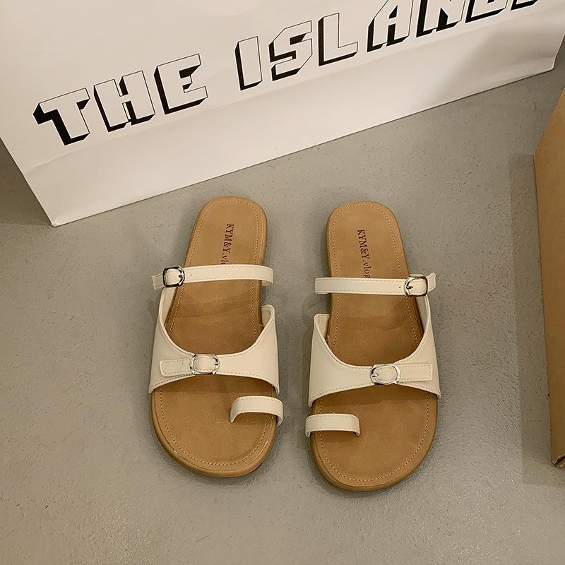 6822 Flat-bottomed Open-toe Buckle with One-word Casual Slippers Women's 2025 New Minimalist and Gentle Wind Beach Sandals