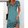 5XL 6XL Large Size Women's Dress 3D Vintage Leaf Print Dress Summer Short Sleeve V-Neck A-line Knee-length Dress Vestidos