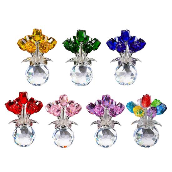 Yousheng Faux Crystal Rose Flower Ornament Handmade Bouquet Figurine Mini Flower Vase Decoration Wife Girlfriend Women Wedding Anniversary Birthday