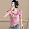Fashion Summer Ladies Cotton T-shirt Elegant Short Sleeve Women Brand Top Shirts Chic Sexy Square Neck Ruffles Hot Diamonds Tees