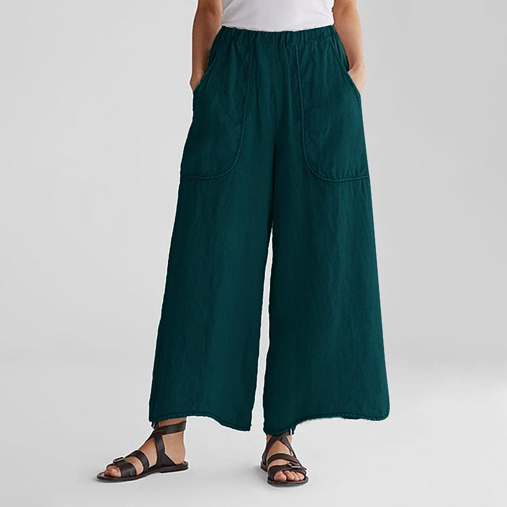 DX~~ Cotton Linen Wide-leg Pants, Mid-rise Casual Pants, Large Pocket Trousers