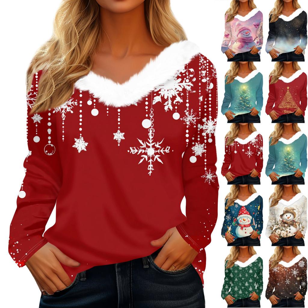 Long Sleeve Shirts For Women Cute Tops Christmas Prints Tees Blouses Casual Plus Size Basic Tops Pullover
