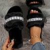 Fashion Rhinestone Detor Cotton Slippers Women Black Faux Fur Plush Slippers for Woman Autumn Winter Light Non Slip Cotton Slides Ladies