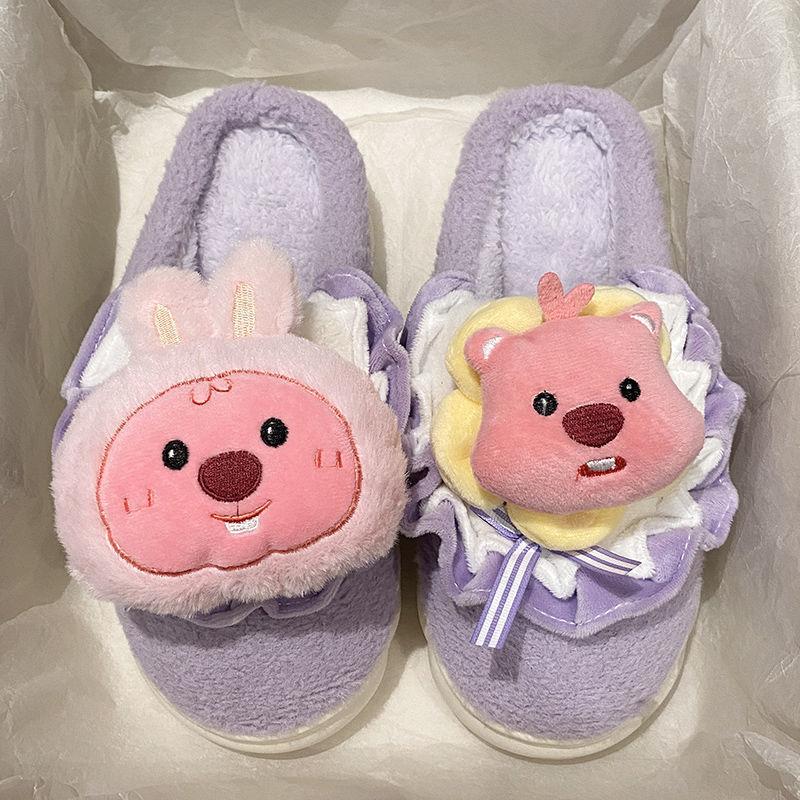 Women Slippers Cartoon Cute Cotton Slippers Thick Bottom Mute Home Warm Skin-friendly Plush Winter Fur Slippers Female Winter