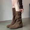 Cowhide Version~ Skinny Inner Height-increasing Boots Suede Knight Boots Women's Round Head But Knee Boots Folded Western Boots