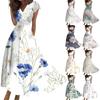 Women's Long Casual Dress Summer Short-Sleeve V-Neck Waist Retraction Printed Dress