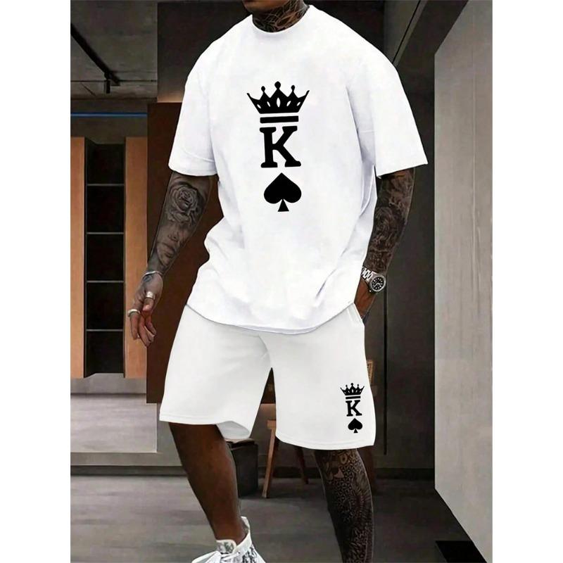 2025 Summer New Men's Short Sleeved Shorts Set Fashion King Printed T-shirt Shorts 2 Sets Casual Round Neck Jumping Breathable S