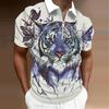 Men's Shirt Polo Casual Zip Short Sleeve Fashion Casual Zipper Summer Spring Regular Fit 3D Tiger Print Shirt