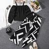 2024 Autumn New Girls 6-12 Years Old Suspender One Shoulder Long Sleeve Top Suit 2 Pcs