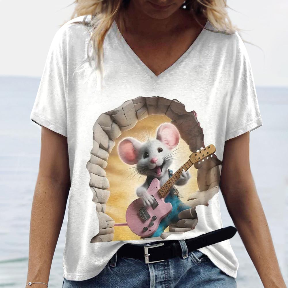 Playful Animals Printed Women's T Shirt Summer Casual Short Sleeve T-Shirts Kawaii 3d V-Neck Tops Tees Women's Oversize Pullover