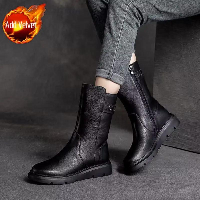 Round Toe Women's Half High Boots Elegant Fashion Ladies Mid Calf Shoes Designer Luxury Quality Footwear Winter 2024 Novelty Pu