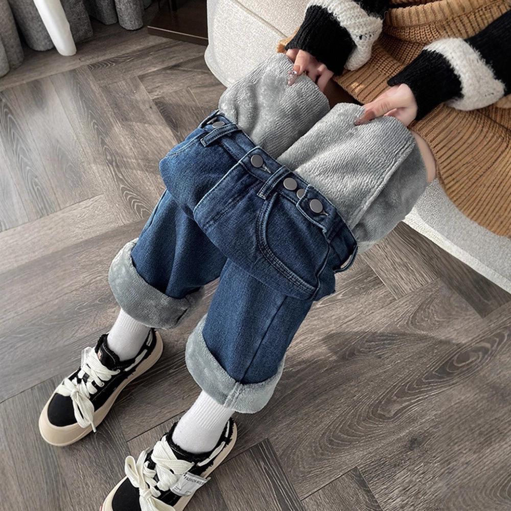 Thickened Wide-leg Jeans for Women 2025 Winter High Waist Loose Slim Drape Warm Straight Trousers Plus Velvet Pants