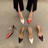 Spring Fashion Simple Patent Leather Peach Heart Pointed Head Half Slippers Female Fine Heel High Heel Baotou Sandal Drag Comfortable Elegant Shoes