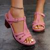 Foreign Trade Large Size Women's Shoes 2025 Spring New PU Open-toe One-word Buckle Thick Casual Sandals Foreign Trade
