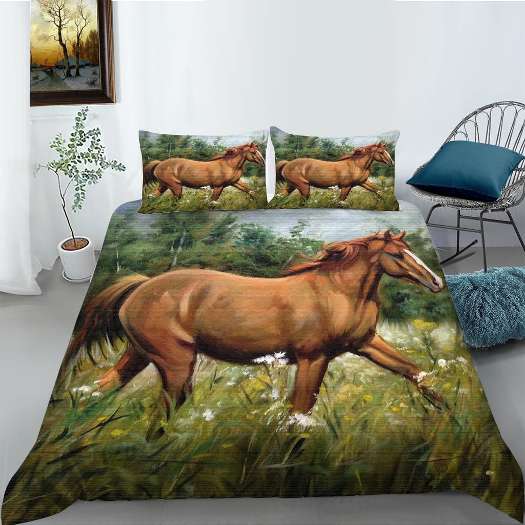 3D Horse Pattern Bedding Single Double Bed Full Size Animal Print Pillowcase and Quilt Cover Microfiber Washable Home Decoration