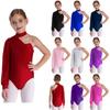 Girls Dance Leotard One Shoulder Design Mock Neck Long Sleeve Ruched Mesh Overlay Performance Bodysuit
