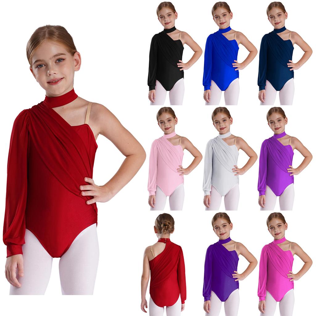 Girls Dance Leotard One Shoulder Design Mock Neck Long Sleeve Ruched Mesh Overlay Performance Bodysuit