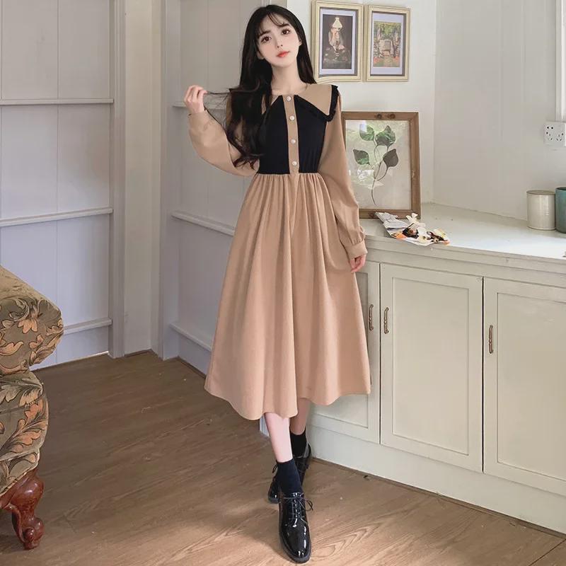 Korean Style Contrast Color Dress: Versatile, Fashionable, Comfortable Long Skirt for Spring & Autumn 2025