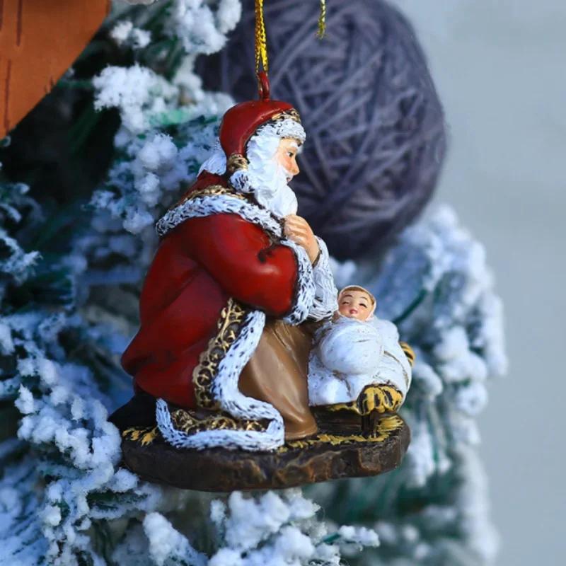 Christmas Series Hanging Ornaments Resin Hugging Santa Claus Figurines Mini Santa Pendant Xmas Tree Home Party Decor Supplies
