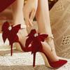 Fashion Red Wedding Shoes New Pointy Stiletto High Heels Female Shallow Mouth Bow Pearl One Word Buckle Strap Two Wear Bride Shoes