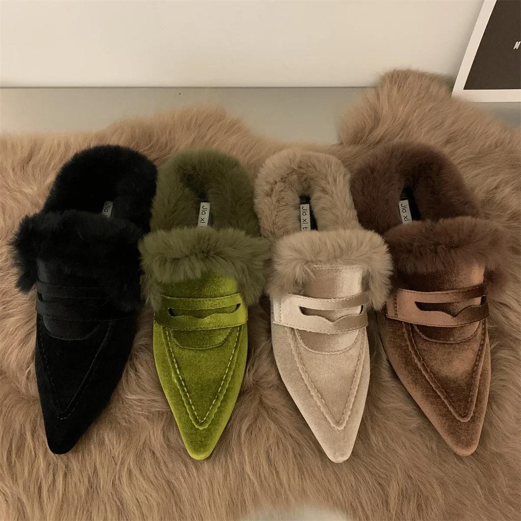 Women's Slippers Plush Flat Bottomed Mule Fashion Pointed Slippers Indoor and Outdoor Sexy Cotton Thermal Slippers Winter 2024