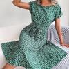 Summer Chiffon Green Casual Short Sleeve Floral Printed Pleated Dress For Women Korean Style O-neck Beach Dress Vestidos 24986