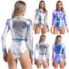 Womens Space Astronaut Bodysuit Mock Neck Long Sleeve Bodycon Leotard Metallic Shiny Contrast Jumpsuit Halloween Cosplay Costume